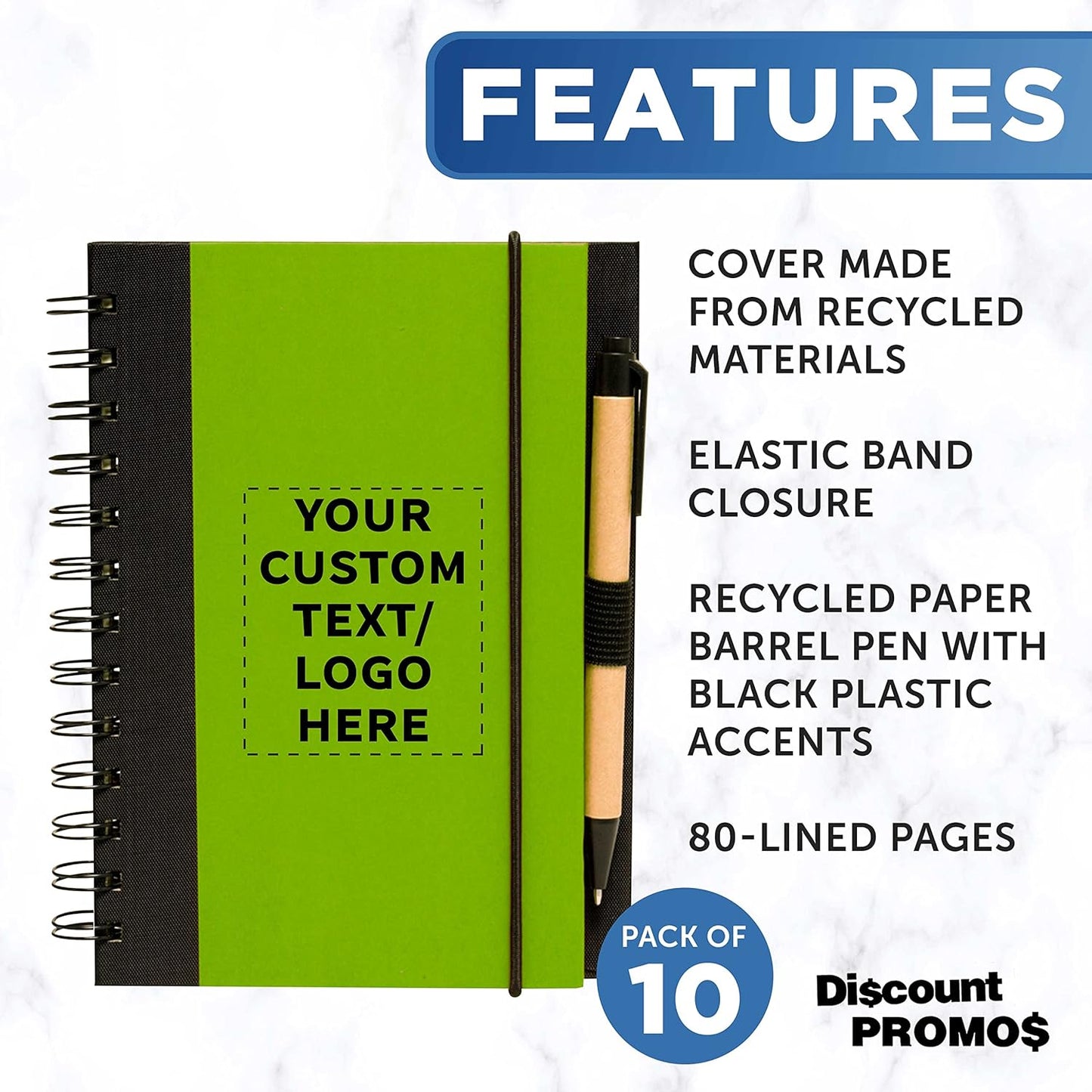 DISCOUNT PROMOS Custom Eco Block Notebooks with Pens Set of 10, Personalized Bulk Pack - Perfect for School, Office, Business, Home - Lime Green