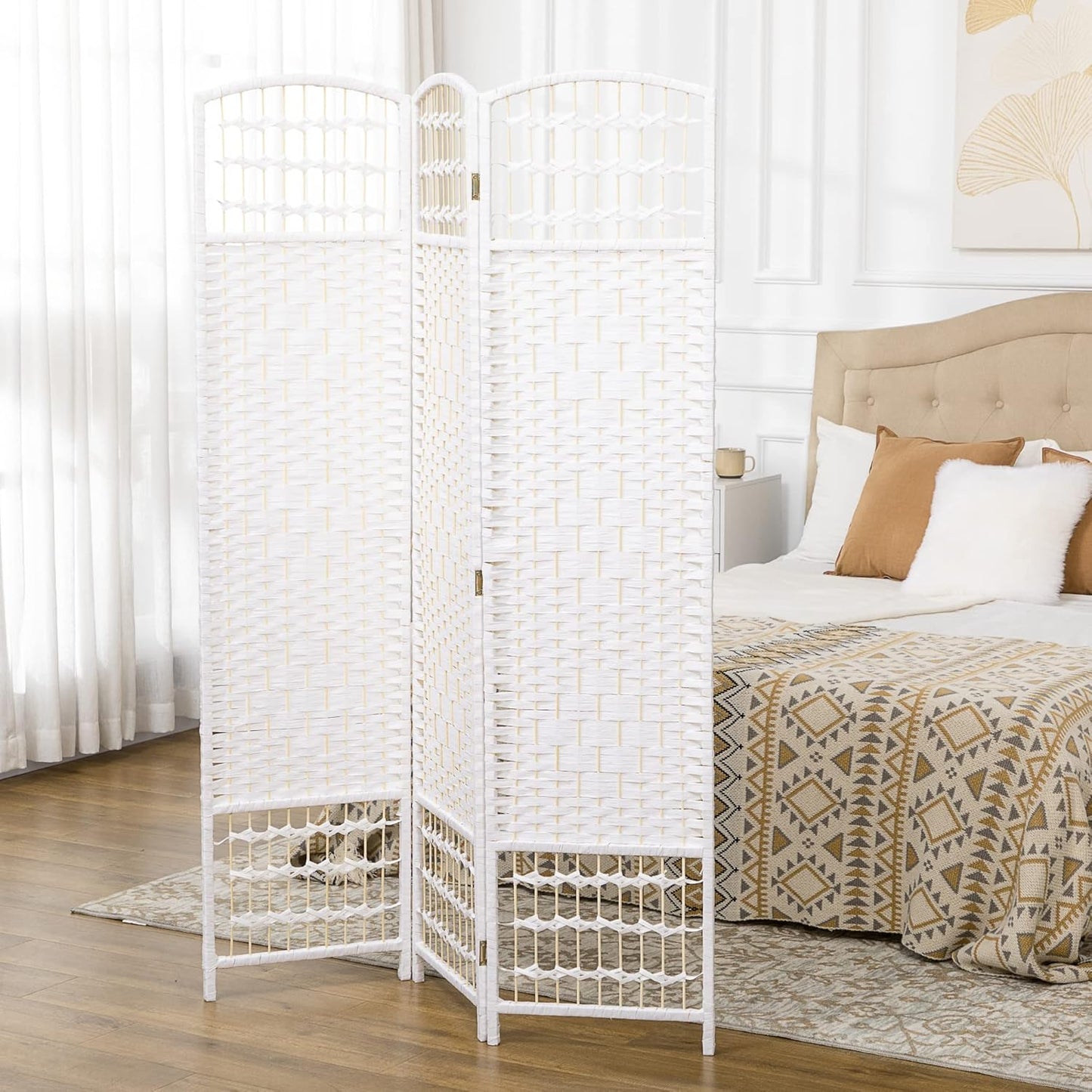 NicBex Room Divider 3 Panel Room Dividers with Woven Paper Design Partition Room Dividers and Folding Privacy Screens 5.6 FT Wall Divider for Office, Room Separation,47.25" W x 0.5" D x 67" H, White