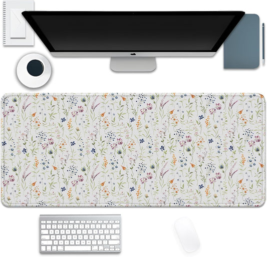 Wildflowers Flowers Mouse Pad,Large White Floral Mousepad Desk Pad with Stitched Edges,Non-Slip Waterproof Rubber Base Mouse Mat for Office Computer Keyboard Laptop Home(27.5x11.8 in)