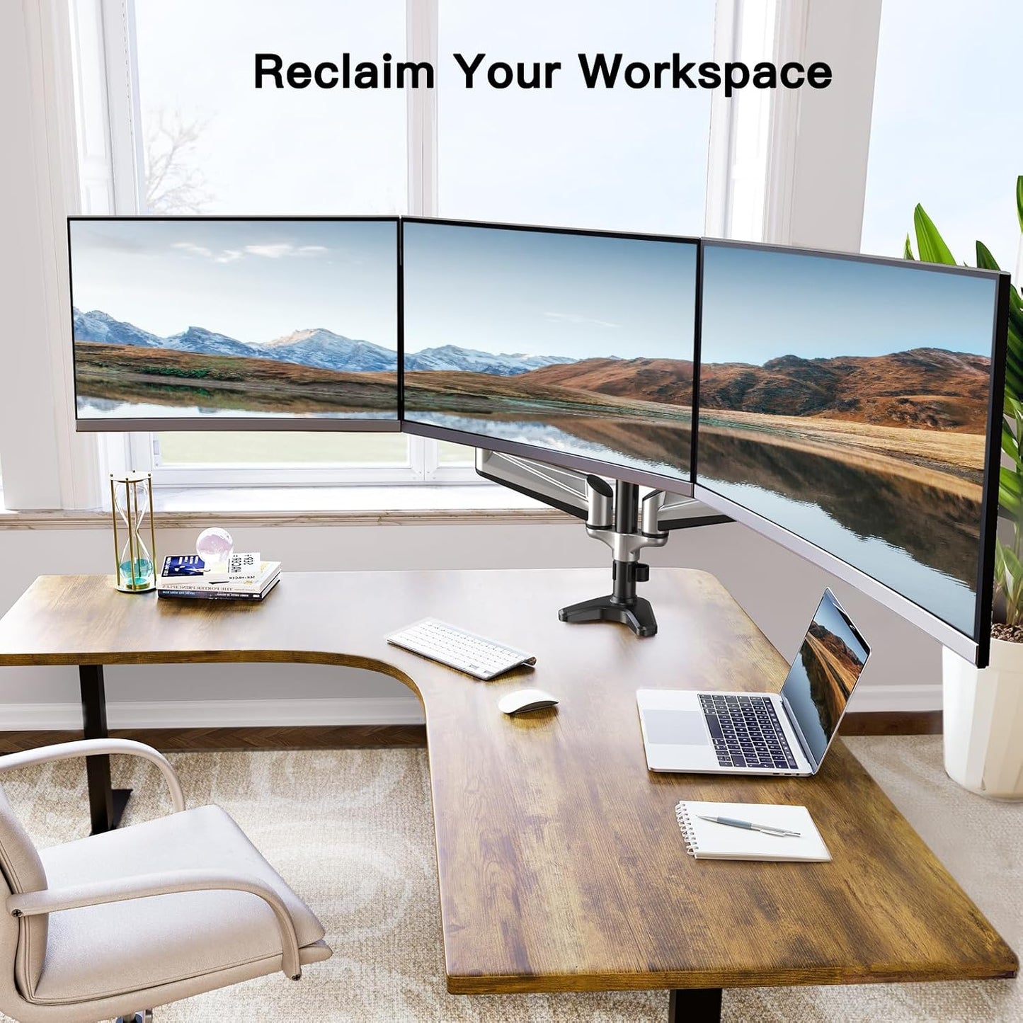 HUANUO Triple Monitor Stand - Full Motion Articulating Gas Spring Monitor Mount Fit Three 17 to 32 inch Flat/Curved LCD Computer Screens with Clamp, Grommet Kit, Silver