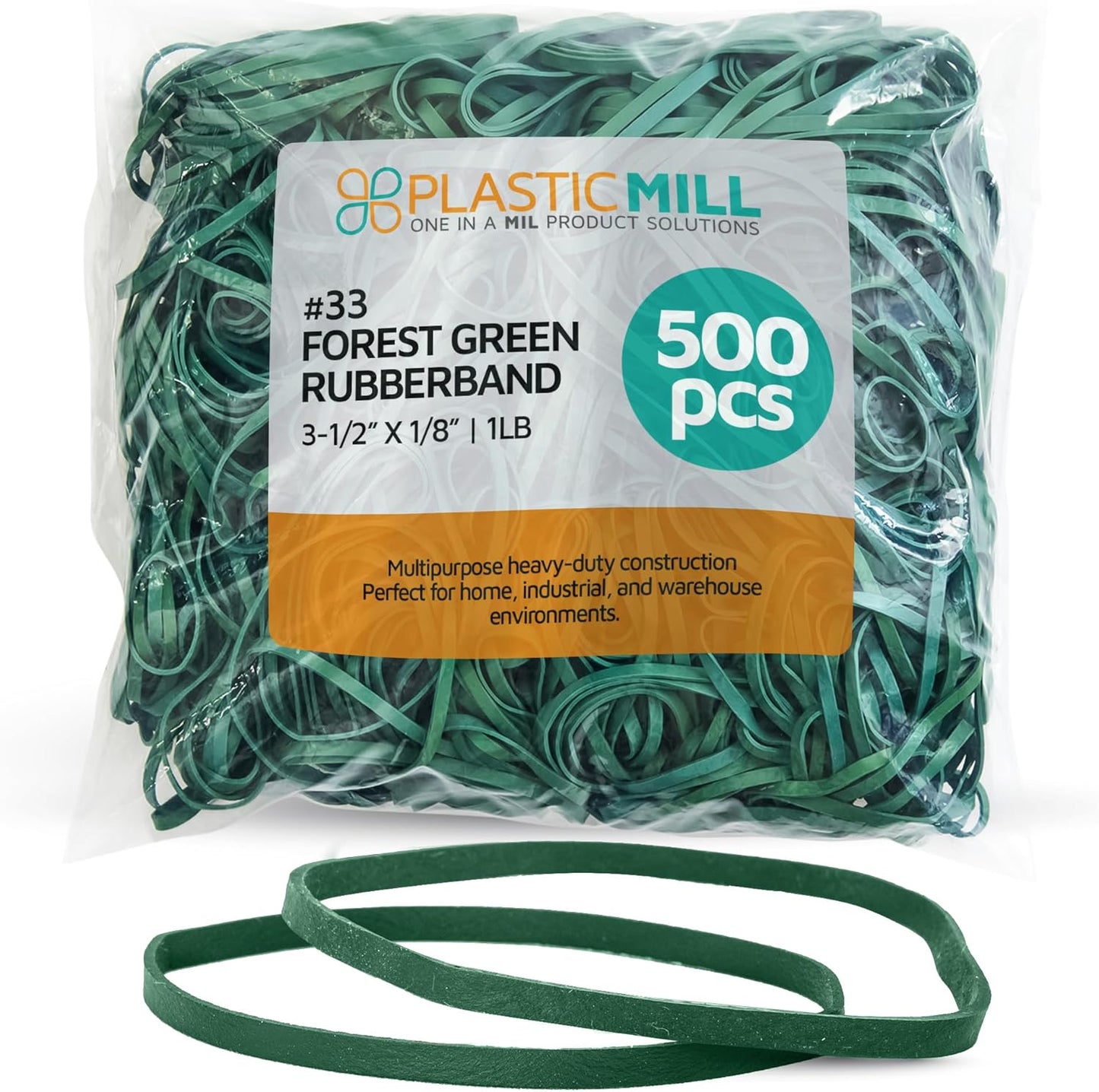 PlasticMill Forest Green Rubber Bands Size 33 (3 1/2" x 1/8") - #33 Colored Rubber Bands Office Supplies - Strong, Elastic Bands for Crafts, Balloon Garland, Cash, File Folders (500-Pack)