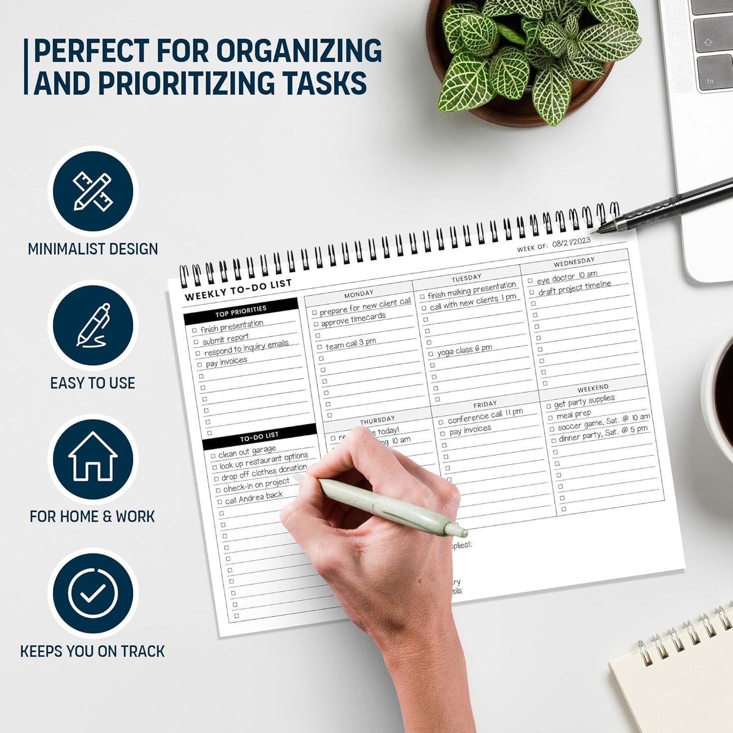 Of a Happy Kind Weekly To Do List Spiral Planner Pad - 8.5x11 52 Sheets - Desk Notepad with Multiple Sections - Undated Planning Notebook Checklist, Todo Agenda Plan