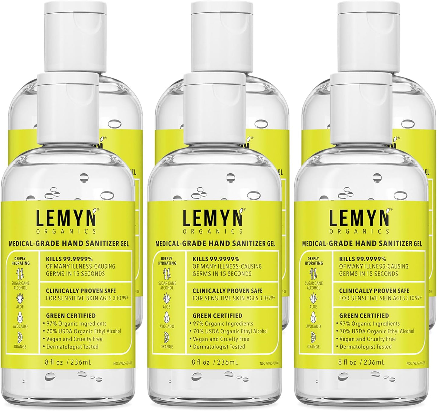 Medical Grade Hand Sanitizer Gel - 97% ORGANIC - 8 FL.OZ. Flip-Top (PACK OF 6)