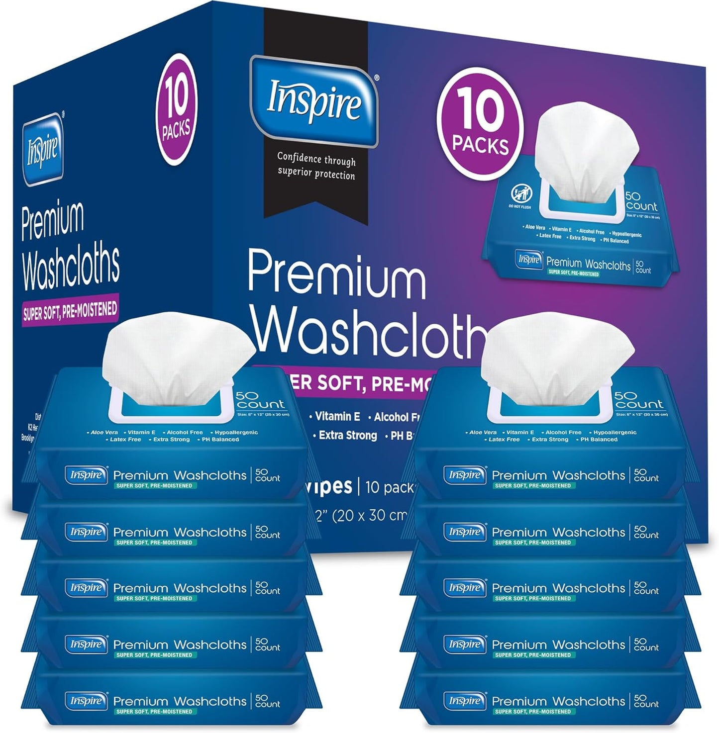 Inspire Adult Wet Wipes, Wash Cloths | Adult Wipes for Incontinence & Cleansing for Elderly, 8"x12" (500CT (10 PACKS OF 50))