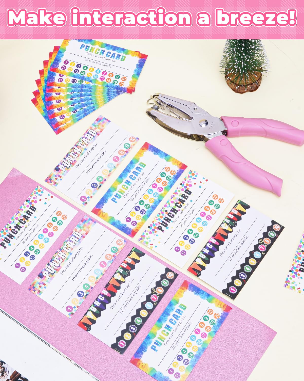 UCEC 200 Pieces Punch Cards for Classroom with Circle Hole Puncher, Incentive Loyalty Reward Card with Handheld Single Punch Kit to Behavior for Business Home Classroom School Kids Students Teachers