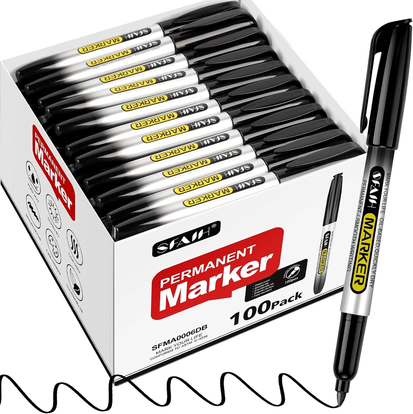 SFAIH 100 Black Permanent Markers Bulk -1s Quick Dry, Waterproof, Non-Fading, Durable, Fine Point Permanent Pens for Plastic Glass Metal Wood Paper, Office Supplies, Classroom Kitchen, Cargo Marking