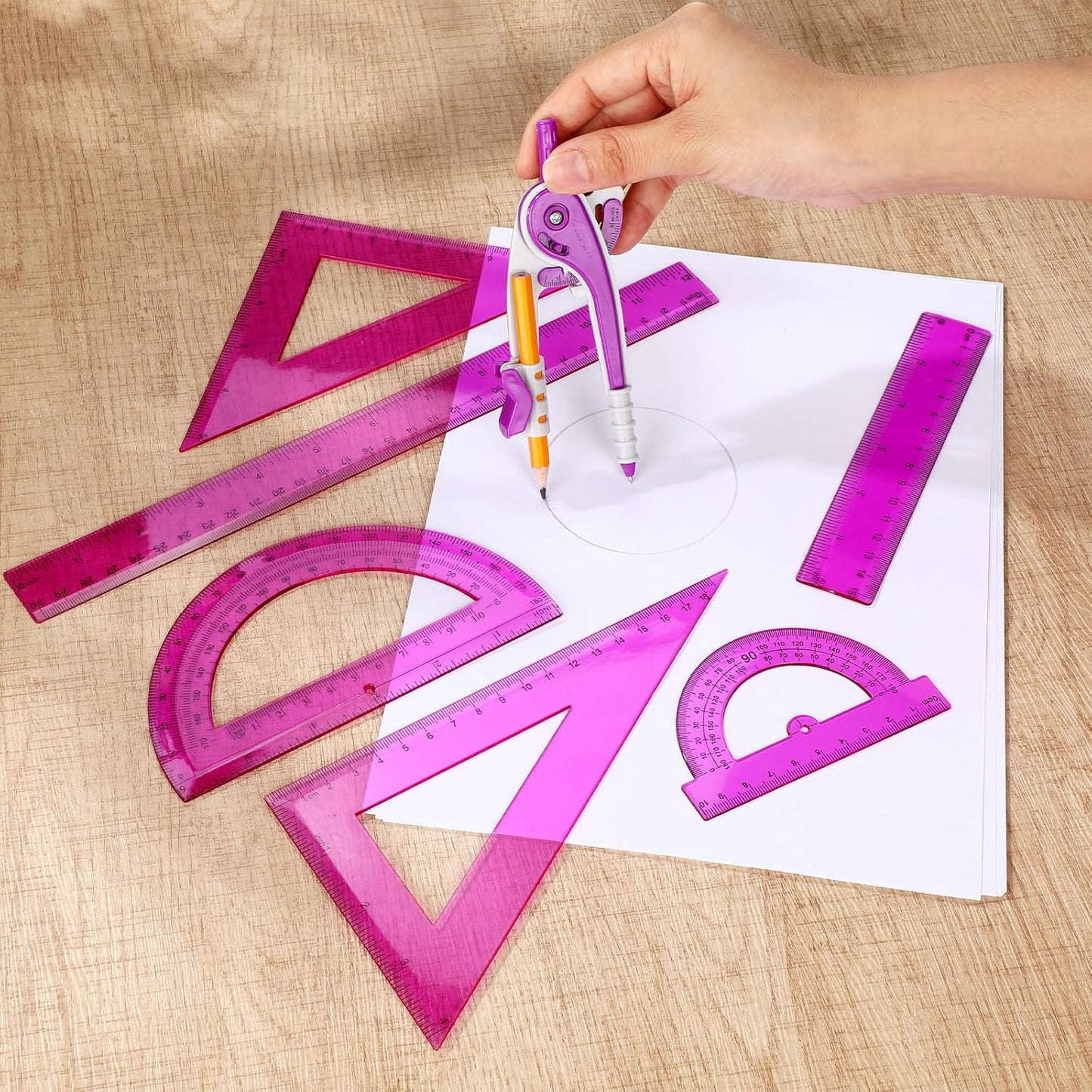 Zonon 1 Set Plastic Geometry Math Set 7 Pcs Includes 6'' / 4 '' Protractor, Drawing Compass, 45/60 Degree Triangle Rulers, 12'' / 6'' Math Ruler Transparent for Office Supplies(Purple)