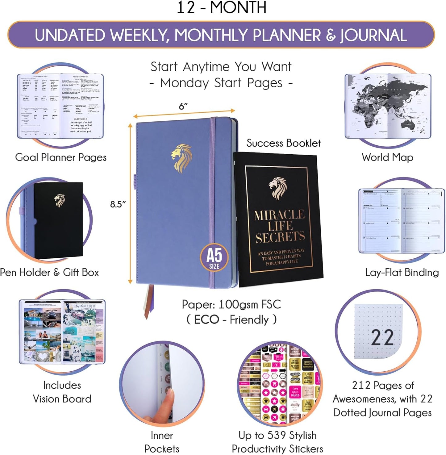 Life Planner - Undated Daily, Weekly & Monthly Planner with Budget Section | A 12 Month Journey to Increase Productivity & Happiness | Life Organizer & Gratitude Journal - Horizontal Format