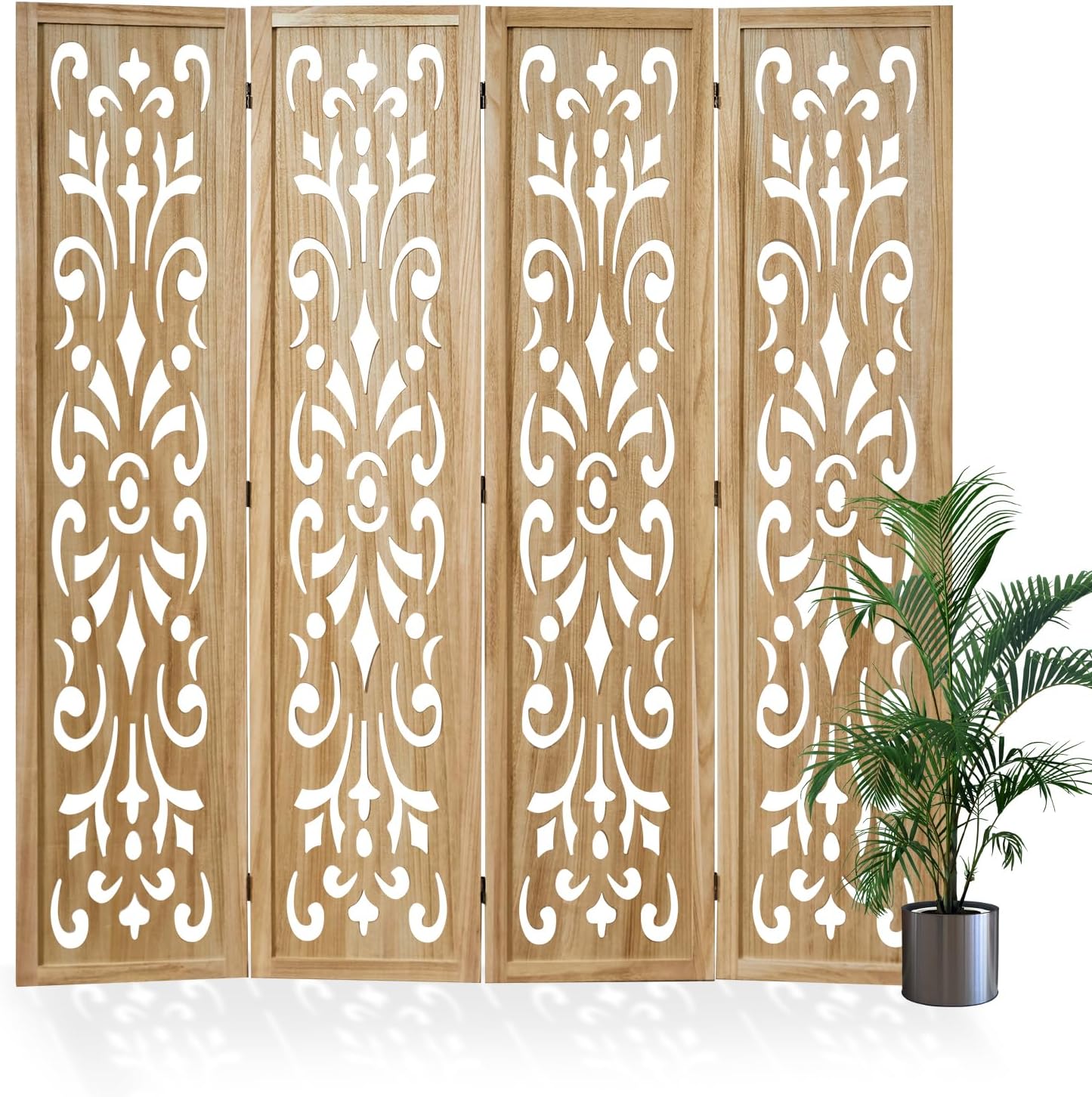 5.6Ft Room Divider Folding Wood Classical Carved Partition Screen for Home Office Garden - 4 Panels (Natural)