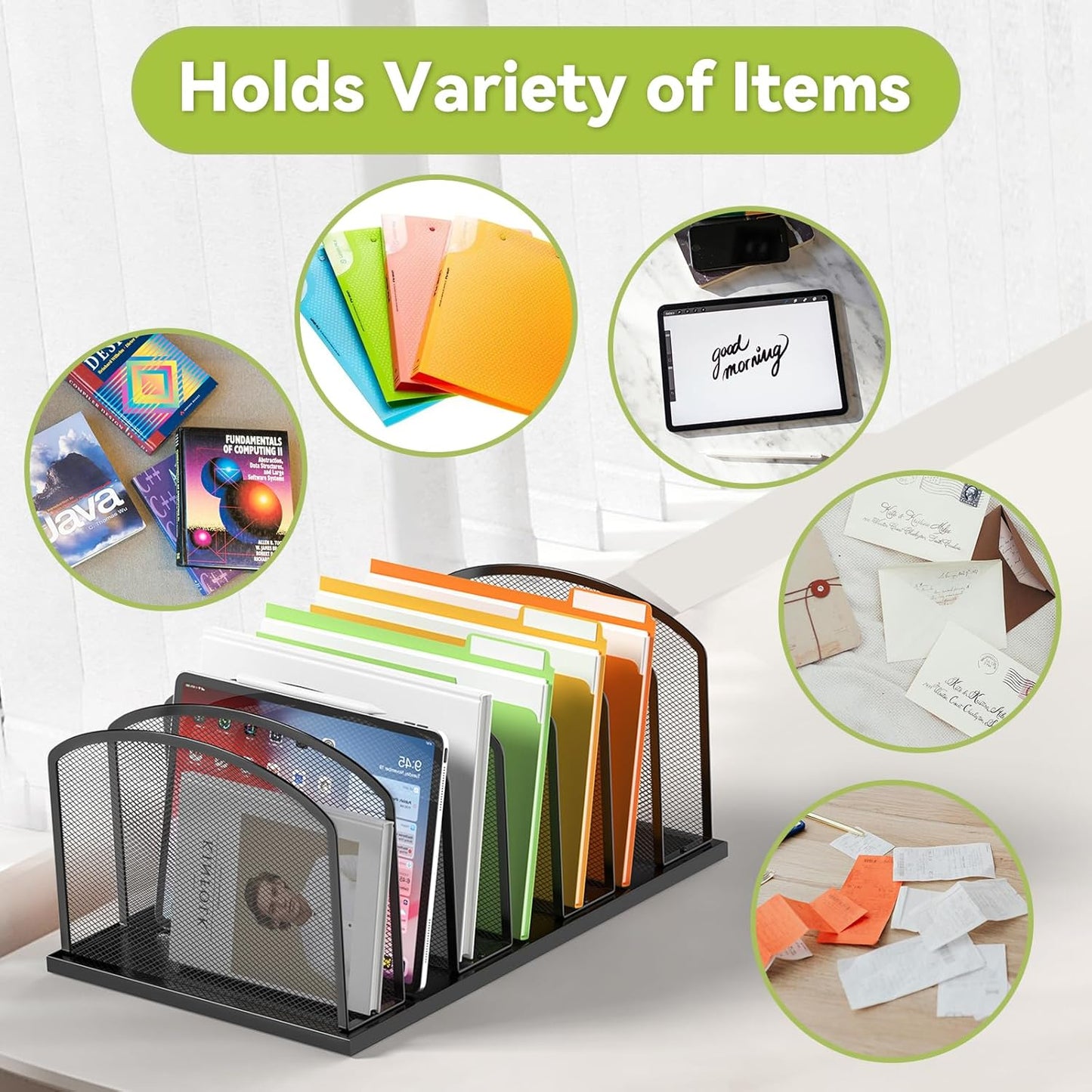 Desk File Organizer 7 Sections Upright Mesh File Sorter Organizer for Desk, Office Organization File Holder for Home, Office & Classroom (Black, 1Pack)