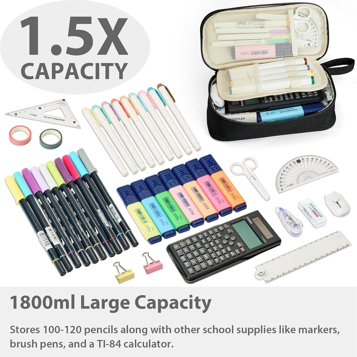 Pencil Case Pouch Box Bag School Supplies Girls Boys Kids, Cute Preppy Stuff Large Big Capacity Aesthetic Pen Organizer, Back to College Stationary, Coal Black, Standard Stlye, 1800ml