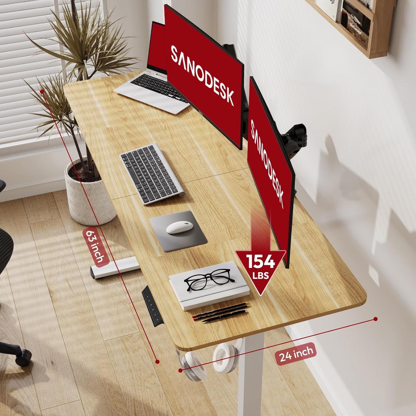 SANODESK Electric Standing Desk 63x24 Inch Height Adjustable Stand Up Desk Home Office Computer Workstation Sit Stand Home Office Desk with Splice Board (White Frame + Maple Top)