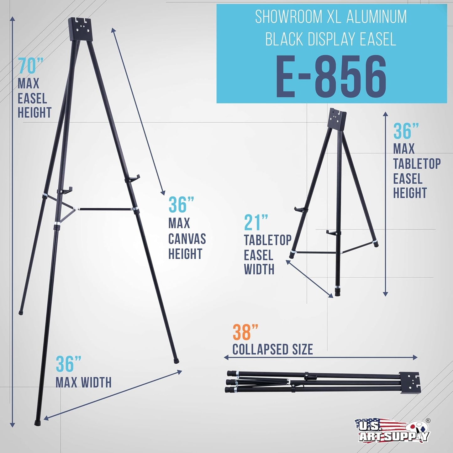U.S. Art Supply 70" High Showroom XL Silver Metal Display Easel - Large Adjustable Height Portable Easel Stand, Sign Display, Holds 45 lbs - Floor & Tabletop Easels, Painting Stand