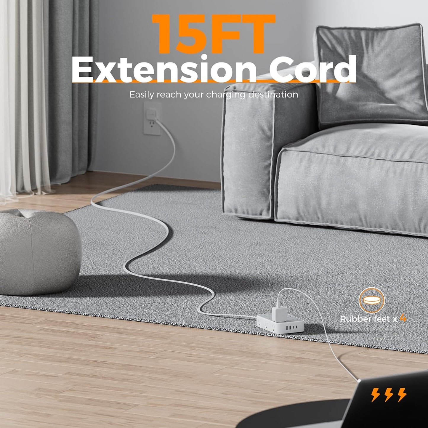 TESSAN 15 ft Extension Cord Surge Protector Power Strip, 12 Outlet Extender with 4 USB (2 USB C), 1800 Joules Protection, Flat Plug, Flat Extension Cord with Multiple Outlets, for Home, Office, Dorm