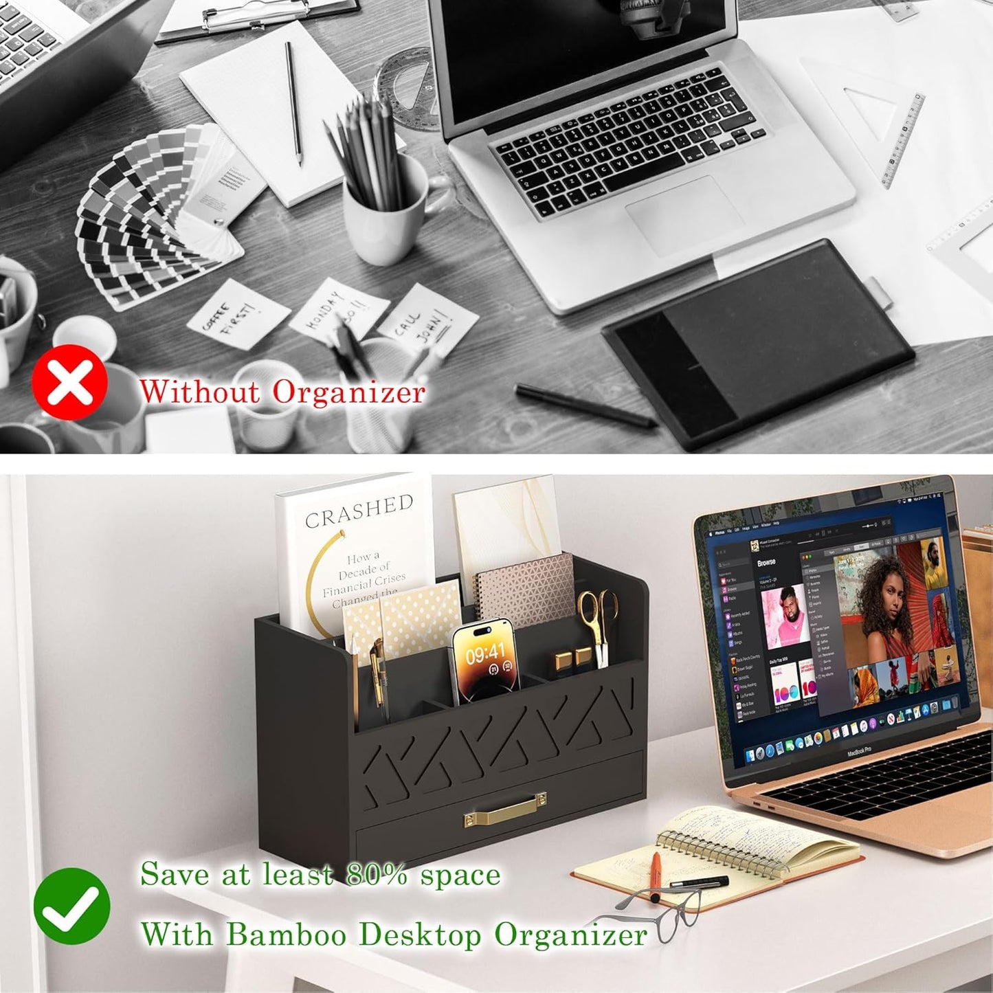 Bamboo Mail Organizer Countertop Wood Desk Organizer Drawer Tabletop Storage Box Letter Sorter Makeup Organizer for School Home Office Supplies Black