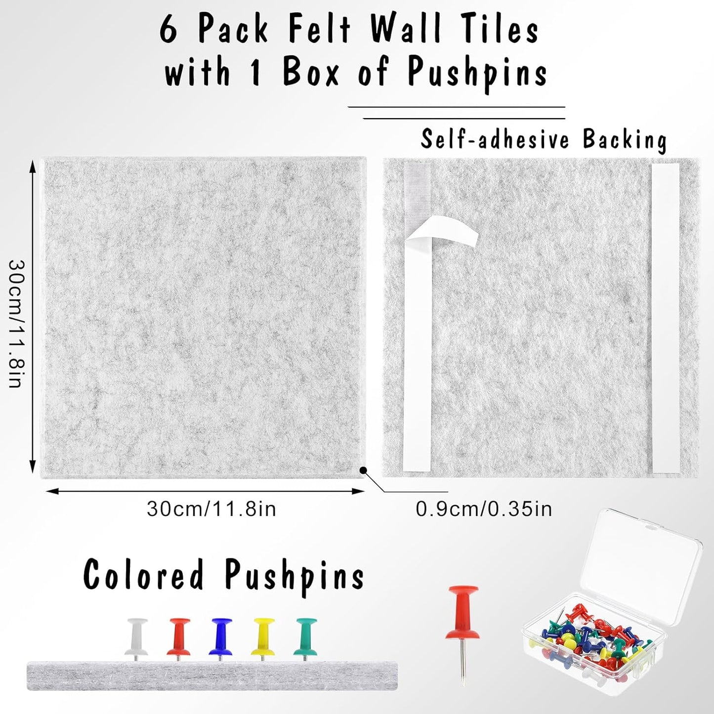 Large Cork Board 36" x 24", 6 Pack Felt Wall Tiles with Colored Pushpins, Bulletin Board with Removable Self-Adhesive Strips, Pin Board Cork Boards for Walls Office Home-Light Gray