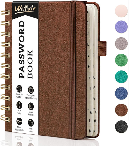 WEMATE Password Book with Alphabetical Tabs, Spiral Password Keeper Book for Seniors, Internet Password Notebook Password Journal Logbook Log in Detail, Small – 4.7''x 6'' (Brown)