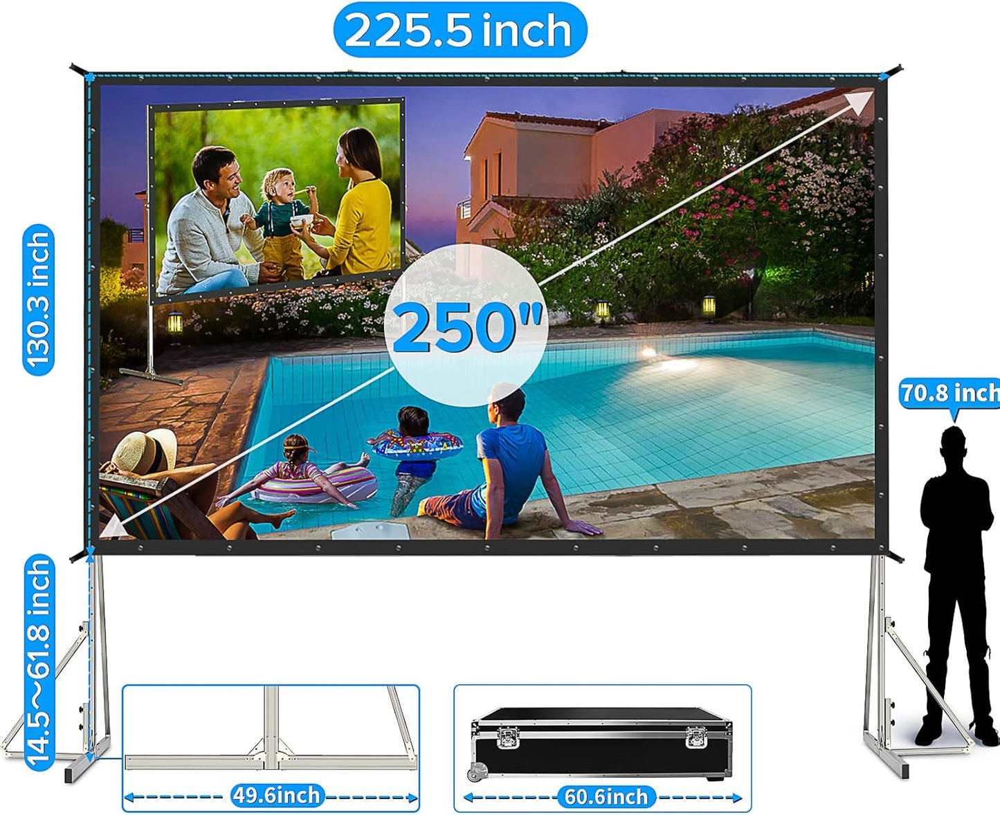 250 inch Projector Screen with Stand, Upgraded 3 Layers PVC 16:9 Large Outdoor Projector Screen, Portable Outdoor Movie Screen with Carrying Bag for Large Commercial Performance