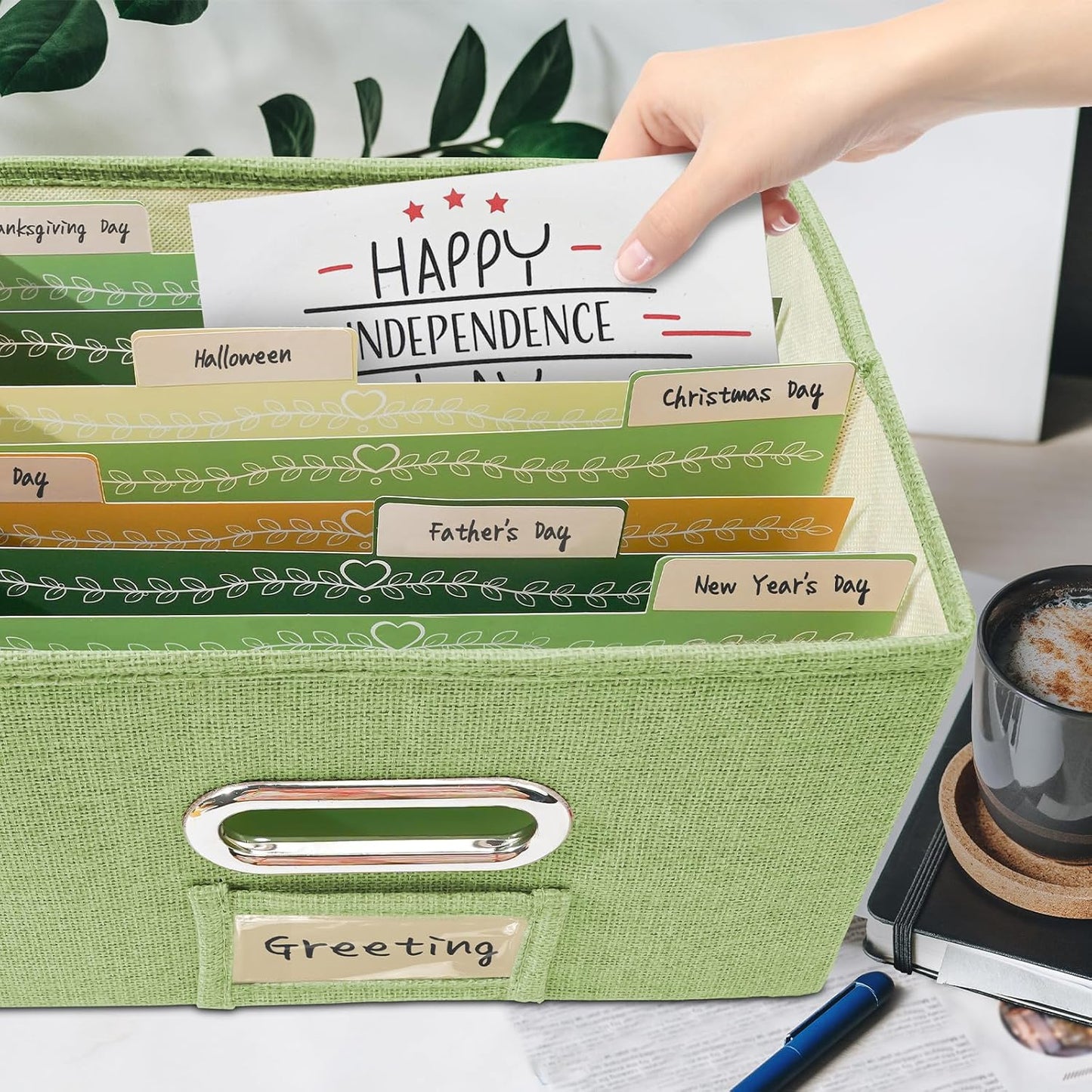 Vienrose Greeting Card Organizer 1 Pack, Storage Box with 20 Adjustable Dividers, Foldable Organizer Box Holds over 150 Cards, Storage Stickers Recipes Photos Envelopes Bills Vinyl Records, GrassGreen