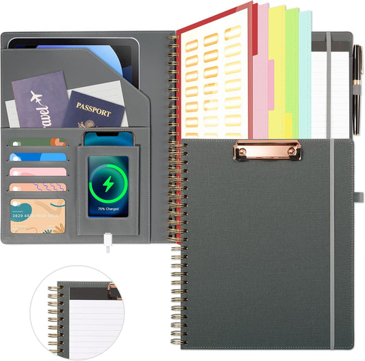 Clipboard with Storage for Men Women, Leather Padfolio Portfolio Organizer 5 Folders with 10 Pockets, Spiral Clipboard Folio with Notepad for Letter Size, Elastic Closure and Pen Loop Grey