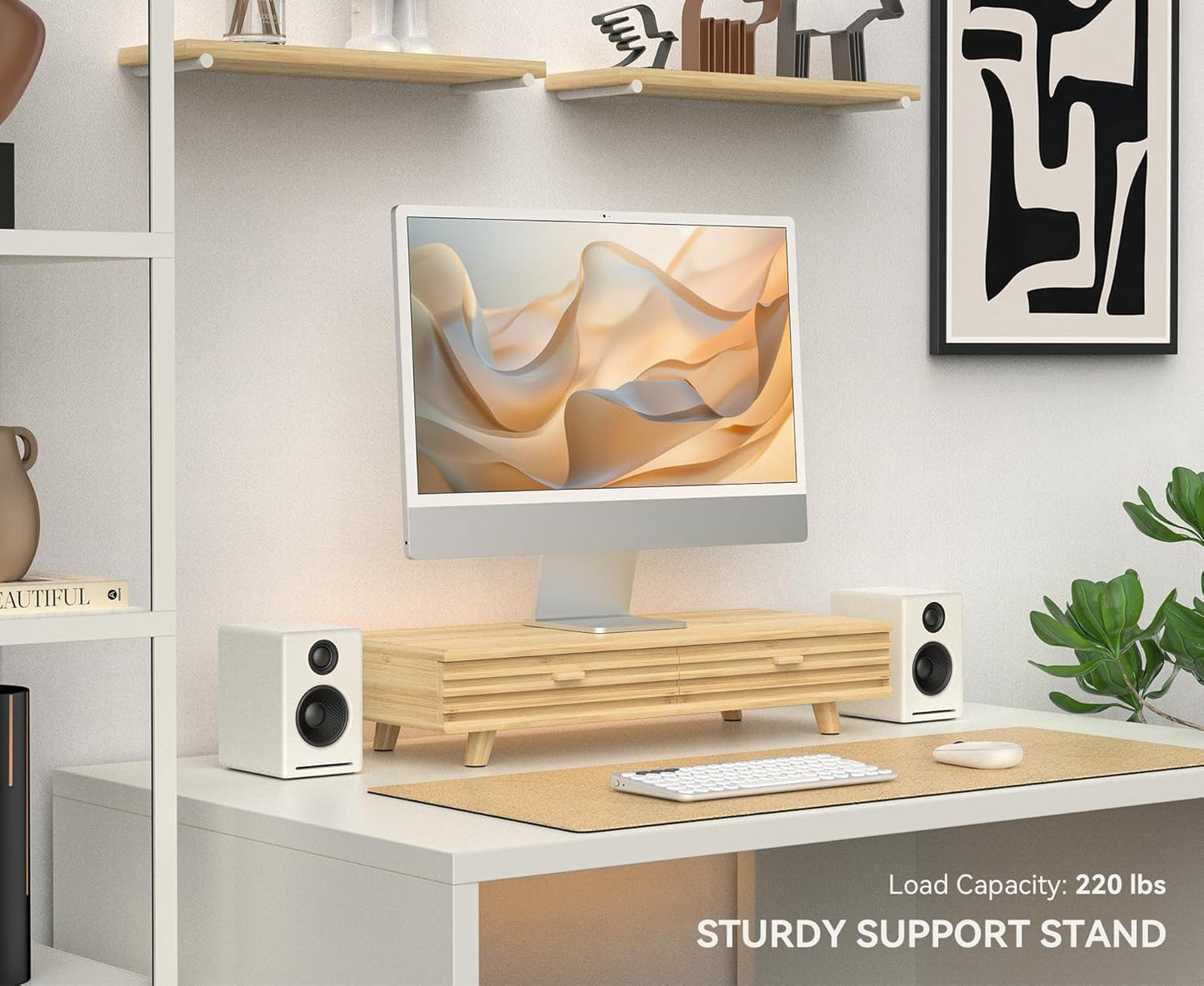 Bamboo Monitor Stand with Drawer - Desk Organizer with Cable Management & Storage, Ergonomic Laptop Riser for Home Office (220lbs Capacity, 24 inch ,Natural)