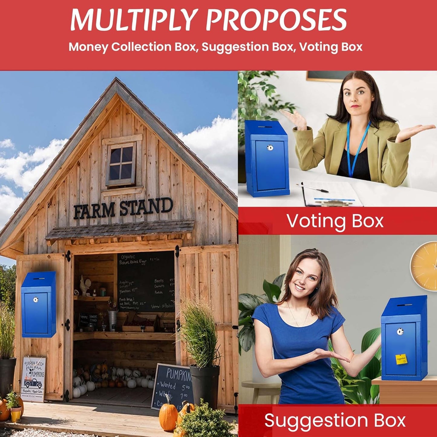 Metal Donation Box-Suggestion Box with Slot and lock-Cash Lock box for Money-Secure Drop Box-Comment and ballot voting box-comes with pre-drilled holes for easy wall mounting 10 X 6 X 2.5"(Blue)