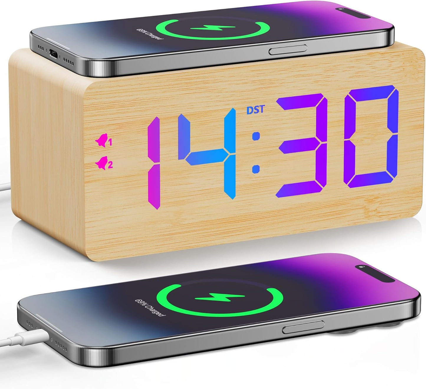 Wooden Digital Alarm Clock with Fast Wireless Charger, Dual USB Charging Ports, DST, Dimmable, Snooze, RGB Large Number Display LED Clock for Bedrooms, Living Room, Desk, Table, Bedside(Bamboo)