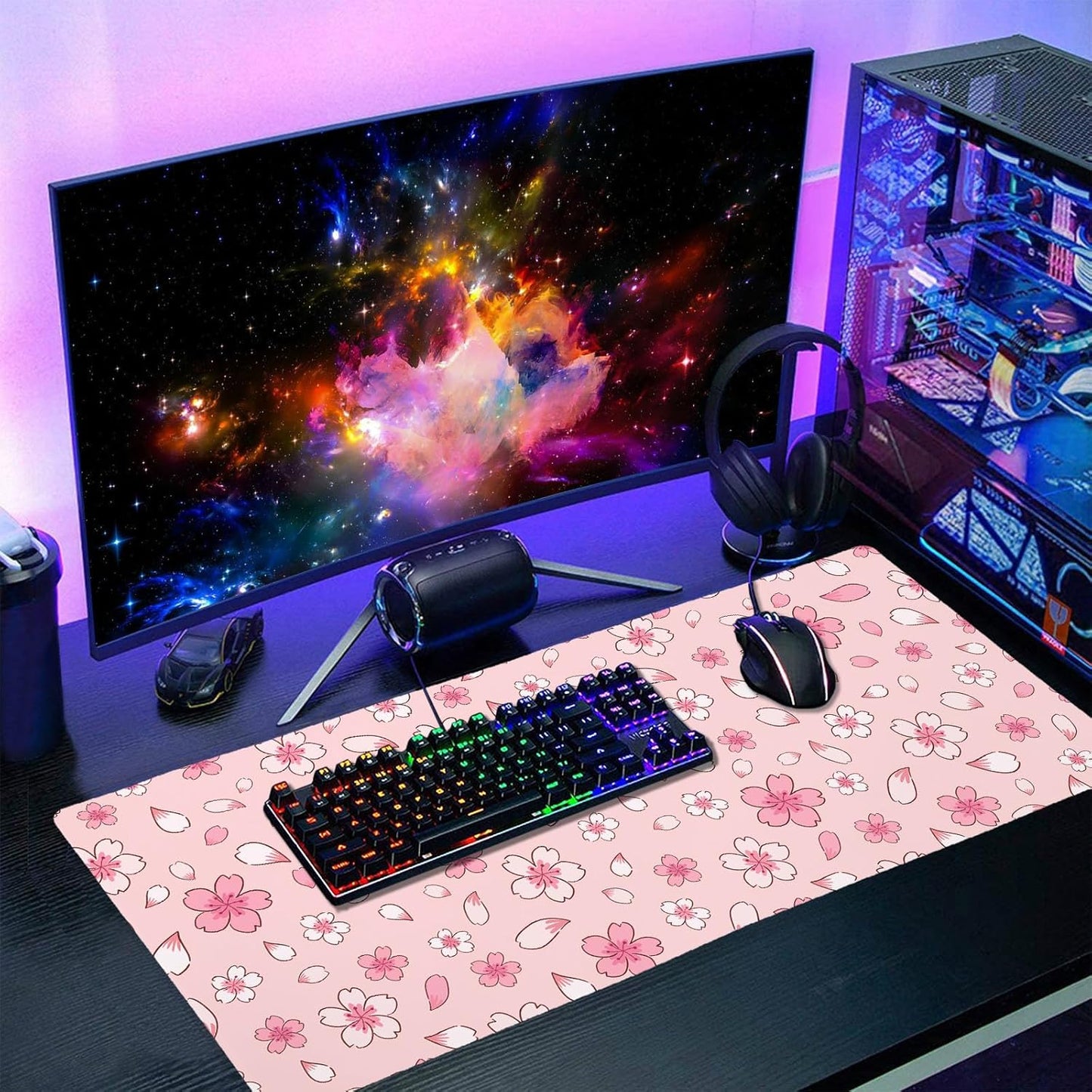 Pink Cherry Blossom Gaming Mouse Pad XXL Cute Anime Aesthetics Floral Extended Kawaii Flowers Large Mousepad Non-Slip Rubber Base Stitched Edge Keyboard Desk Pad Playmat for Computer,35.4×15.7 in