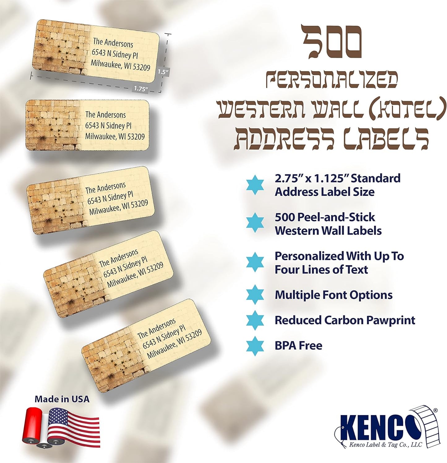 Customized Personalized Address Labels - Made in The USA by Kenco (500 Labels, Kotel Western Wall)