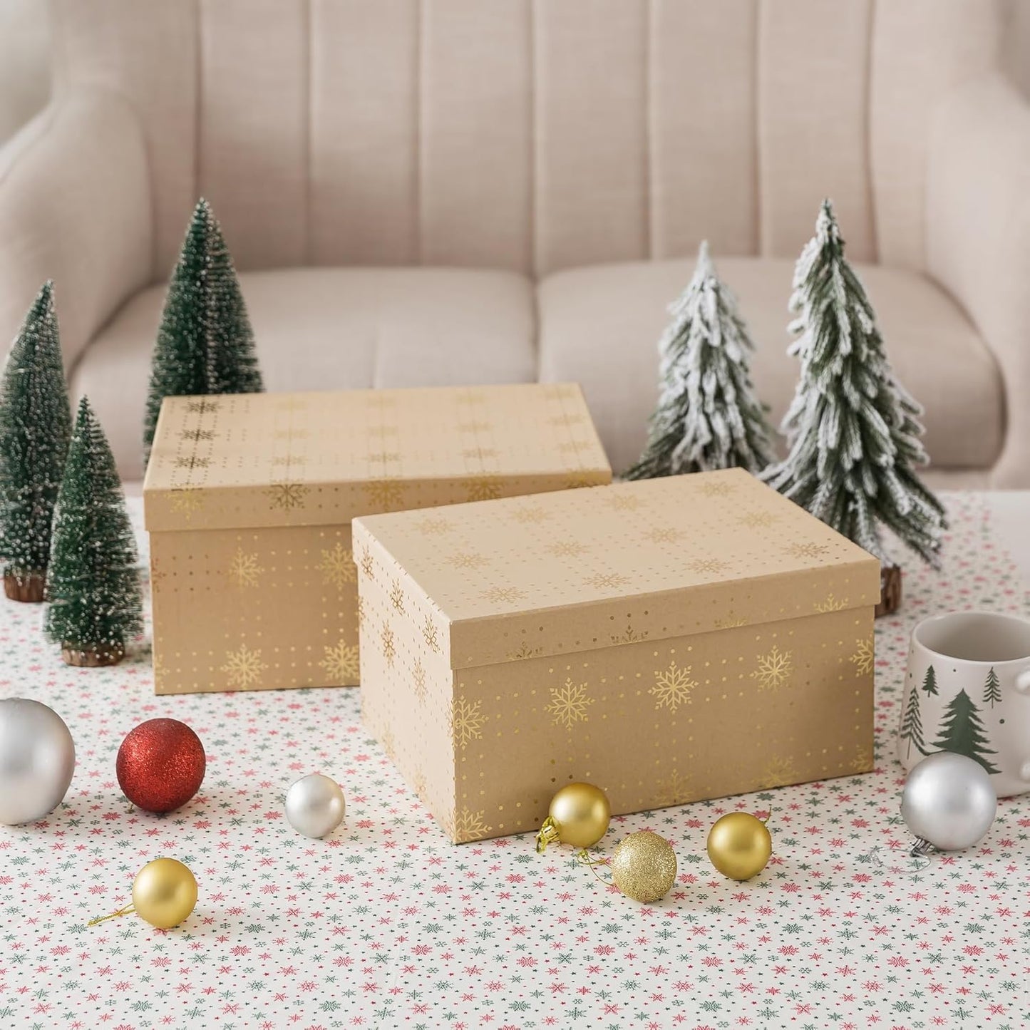 Soul & Lane Christmas Gift Boxes with Lids, Vintage Kraft Reusable Christmas Nesting Boxes for Presents, Decorative Cardboard Large Holiday Storage For Keepsakes and Snowflakes Decor, Set of 2