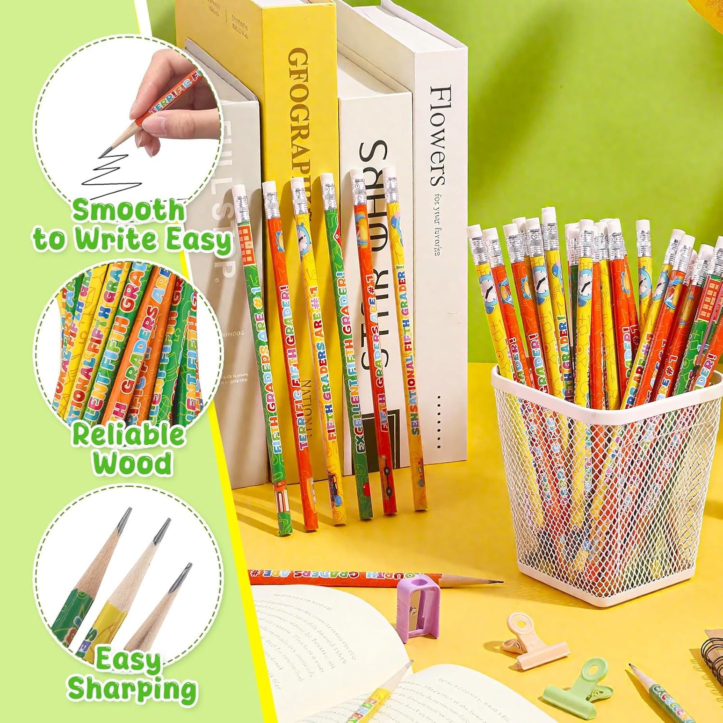 Tenceur 48 Pcs 5th Graders Pencils, 5 Motivational Cute Pencils Bulk with Erasers for Kids Student Teacher Classroom Reward Back to School Supplies