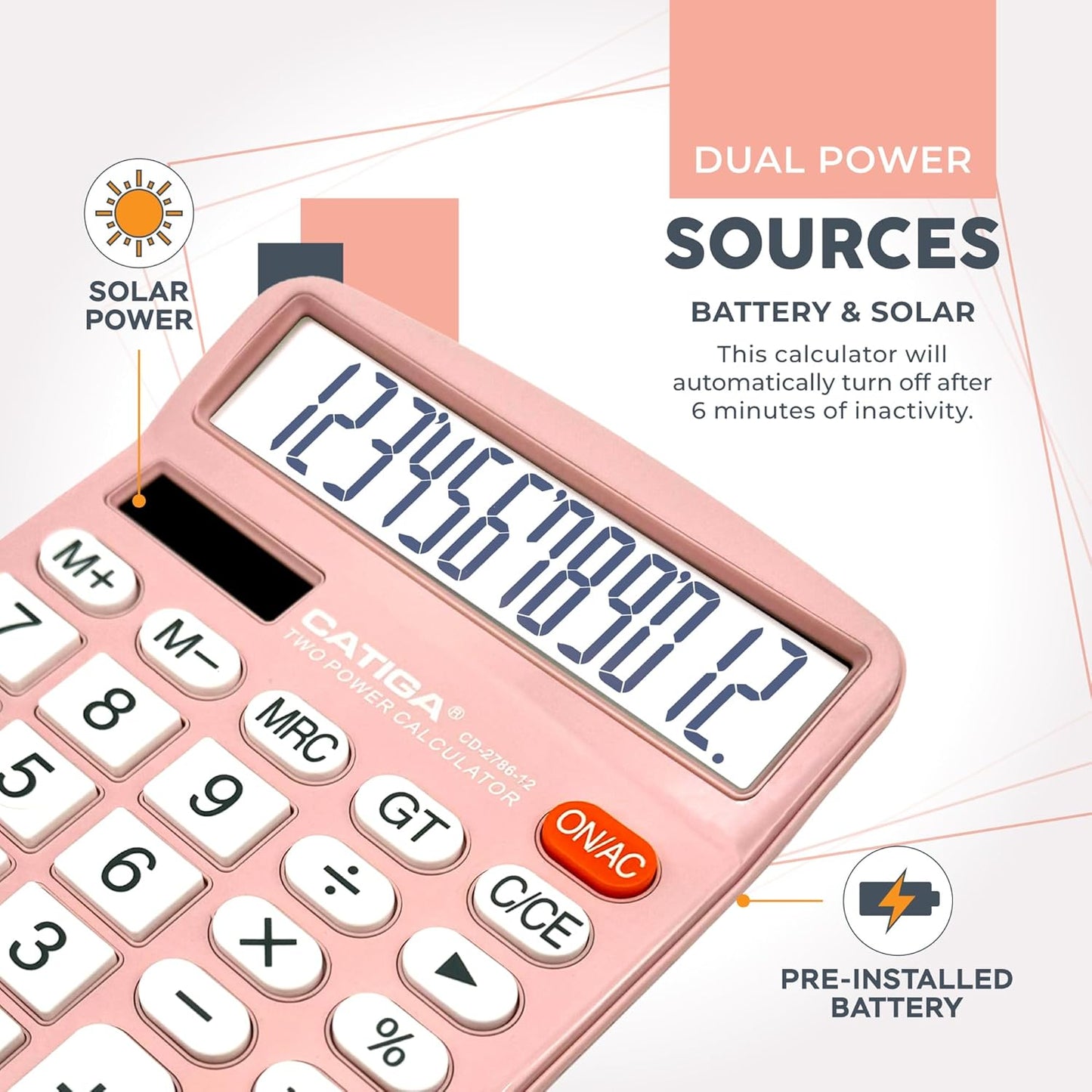 CATIGA Desktop Calculator (2 Pack) 12 Digit with Large LCD Display and Sensitive Button, Solar and Battery Dual Power, Standard Function for Office, Home, School, CD-2786 (Light Blue/Light Pink)