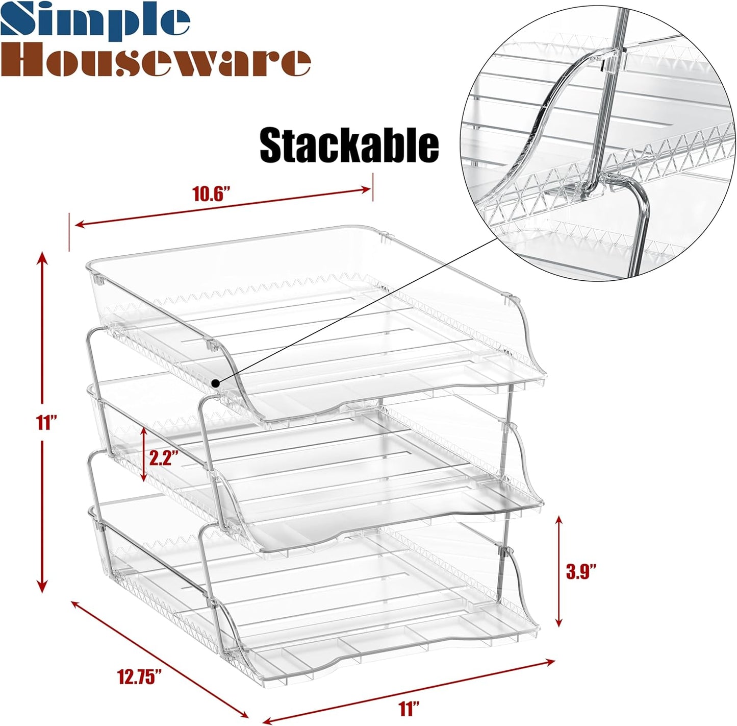 Simple Houseware 3-Tier Crystal Clear Stackable Document Letter Tray Paper Organizer – Desk Organizer for A4/Letter Size Documents, File Sorter, Paper Holder, Office Desktop File Storage, Acrylic Look