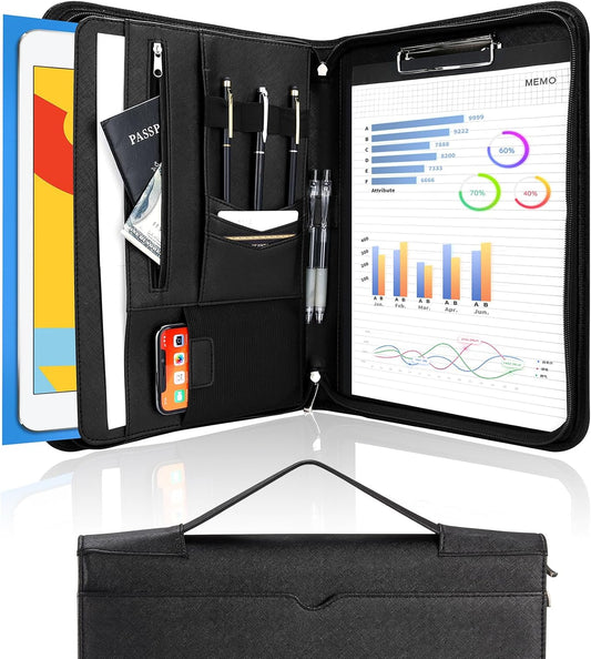 ProCase Portfolio Business Padfolio Folder with Handle and Zipper, Conference Meeting Executive File Legal Document Organizer with Pockets Letter Size A4 Writing Pad Notepad Padfolio -Allblack