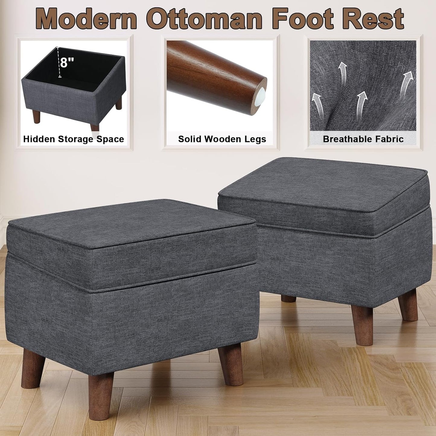 Storage Ottoman with Adjustable Cover, Soft Step Stool, Footrest and Seat, Ottoman Foot Rest for Living Room, Bedroom, Dorm, Light Gray