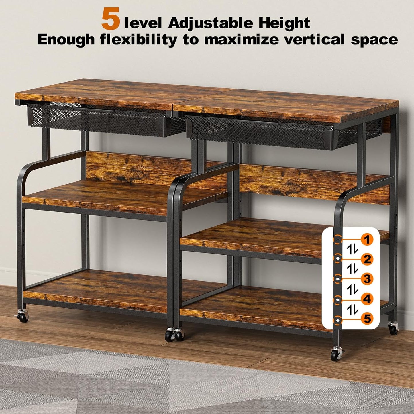 EasyCom 23.6''x18.9'' Extra Large Printer Stand with Drawer, 5-Adjustable Heights 3 Tier Table with Wheels, Rolling Printer Cart with Storage for Printer Scanner Fax Home Office Use