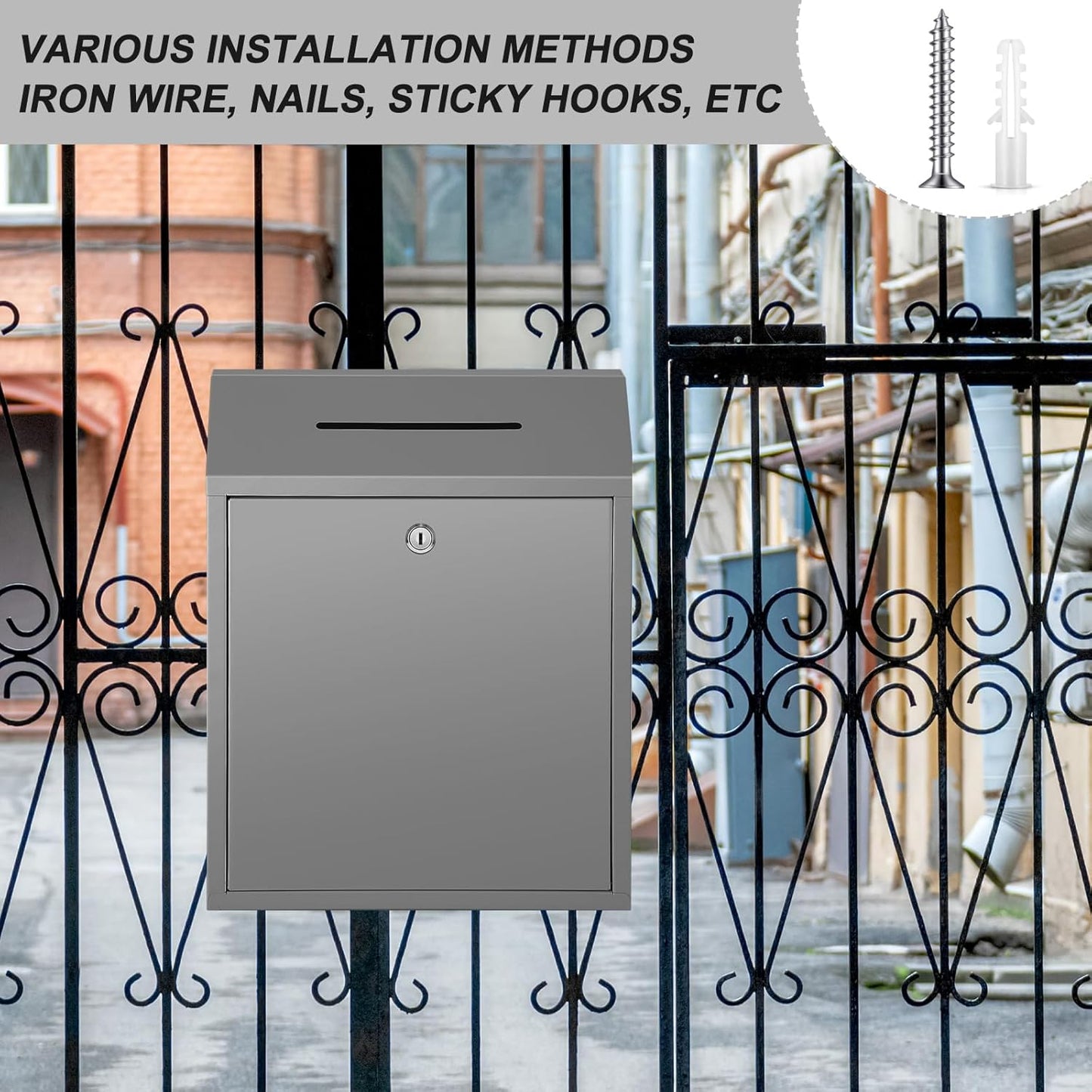 Metal Donation Cash Box Collection Safe Suggestion Box with Lock Wall Mounted Mailbox Delivery Ballot Container for Home Office Outdoor Door(Grey,15 x 12 x 4 Inch)