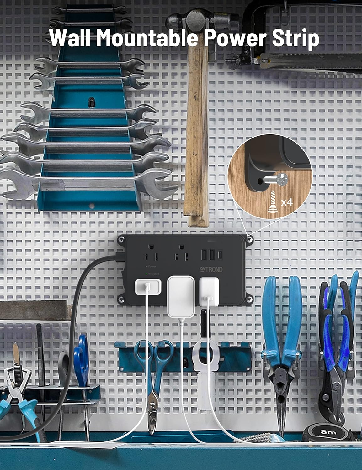 TROND Surge Protector Power Strip, 15ft Long Extension Cord, ETL Listed, 5 Widely Spaced AC Outlets, 2 USB A and 1 USB C, 1300J, Low-Profile Flat Plug, Wall Mountable, for Kitchen Office, Black