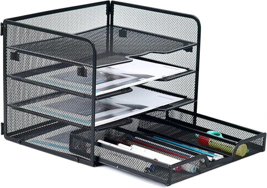 SETTFRFE 4 Tier Mesh Paper Letter Tray,Desk File Organizer with A Sliding Drawer,Office Supplies Desk Organizer for Home Office,Black.