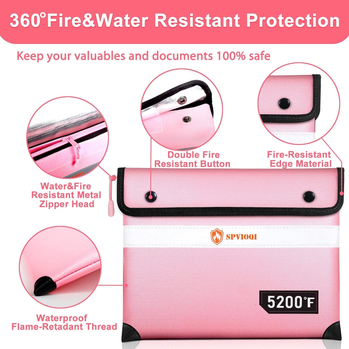 5200°F Fireproof Document Bag -Heat Insulated, Upgraded Water Fire Proof Pouch with Zipper, 9 Layers of Functional Materials, 14.2 X 11” Fire Proof Money Bag for Cash, Important Document and Valuables