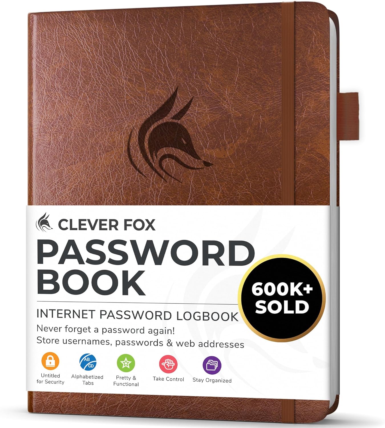 Clever Fox Password Book with alphabetical tabs. Internet Address Organizer Logbook. Small Pocket Password Keeper for Website Logins (Brown)