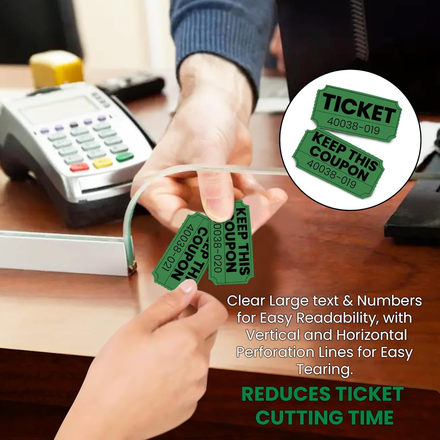 PM Company 1000 Raffle Tickets Double Roll, Green 50/50 Raffle Tickets for Events, Carnivals, Fundraisers, Class Rewards, and Prizes