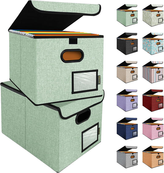 BALEINE File Organizer Box with Lid, Collapsible File Folder Organizer with Plastic Slide, Hanging File Folder Box for Office Document Storage (2 Pack, Green)