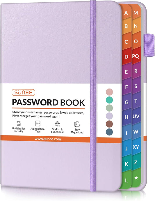 SUNEE Password Keeper Book with Colorful Alphabetical Tabs, Small Pocket Password Book for Internet Website Address Login, Gifts for Home and Office, 4''x 6''- Purple