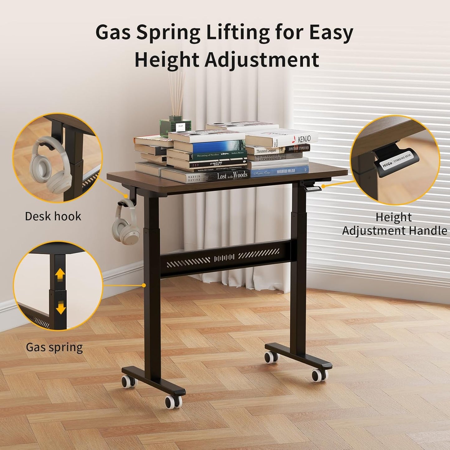 Mobile Standing Desk with Wheel, Pneumatic Height Adjustable Standing Desk for Walking Pad, Rolling Computer Workstation with 28.3"–42.5" Height, 31.5" x 15.7" Desktop for Home Office (Mahogany)