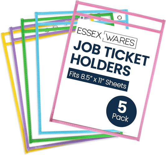 Essex Wares - 5 Pack, Pastel, Job Ticket Holders, 10" Wide x 13.5" Tall - Clear Plastic Shop Ticket Holders - Easy to Use, Reusable & Easy Erase Plastic Invoice Holders, Water-Resistant & Durable