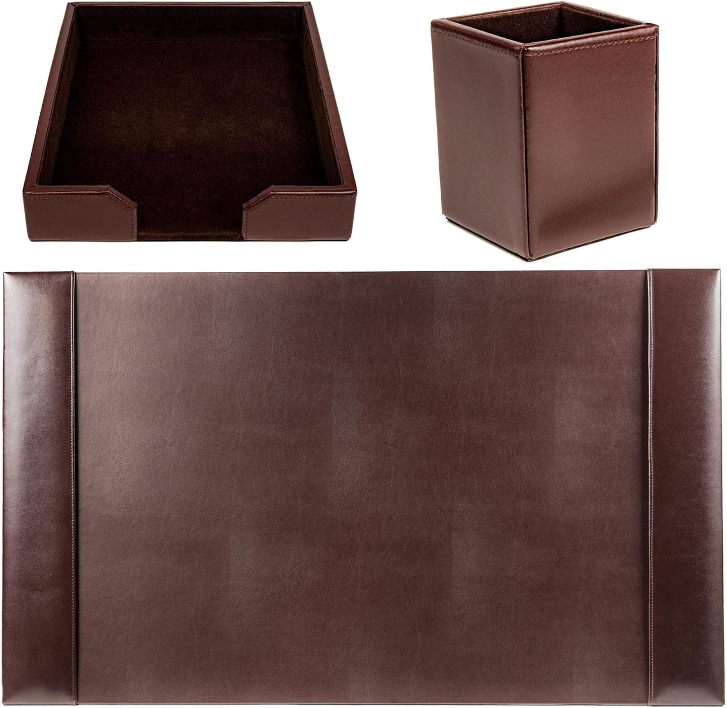 Dacasso Bonded Set Luxury Leather Desk Pad & Desk Organization Essentials, 3 Piece, Dark Brown