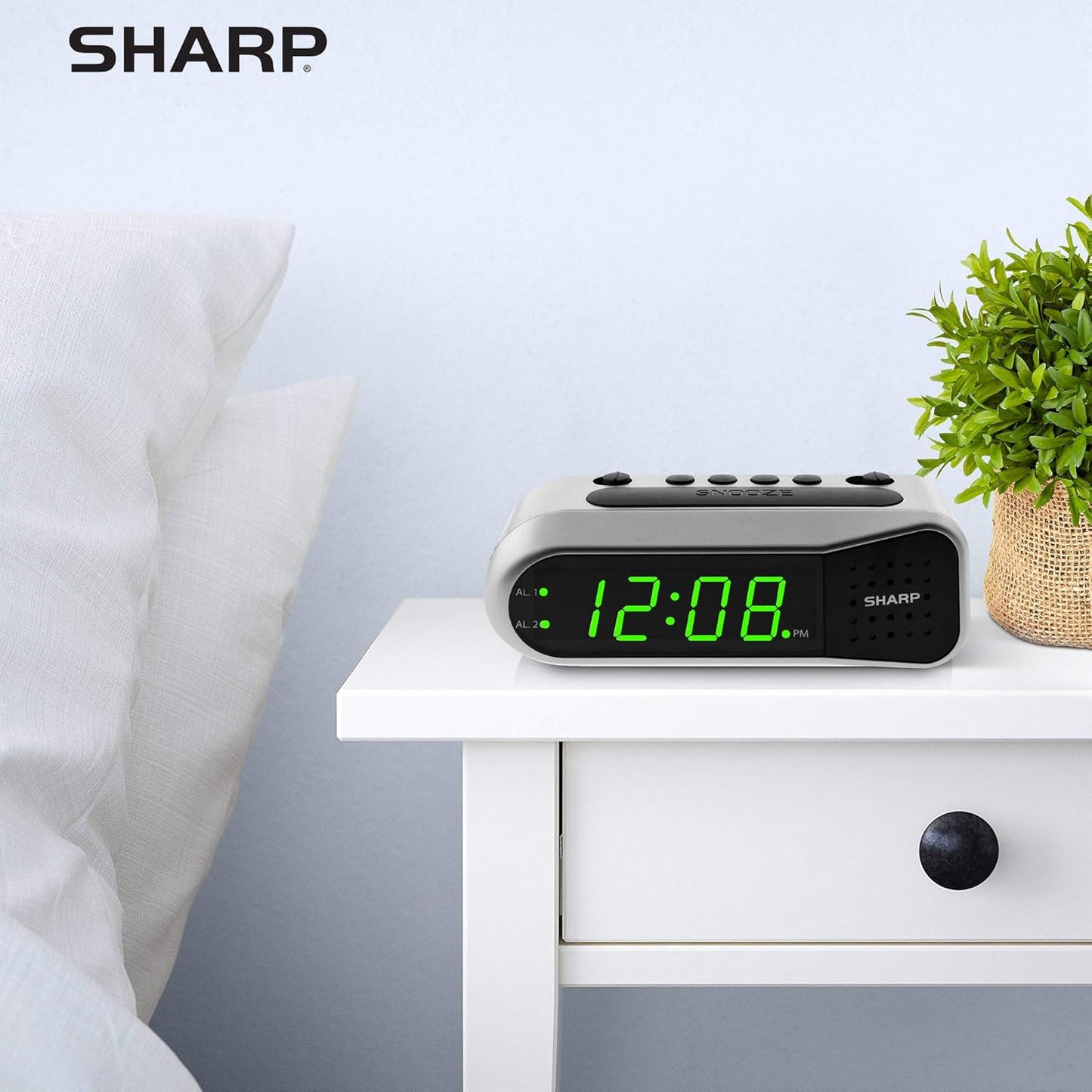 Sharp Digital Alarm Clock - Ascending Alarm Begins Faintly and Grows Increasing Louder, Gentle Wake Up Experience, Dual Alarm - Battery Back-up, Easy to Use with Simple Operation (Brushed Silver)