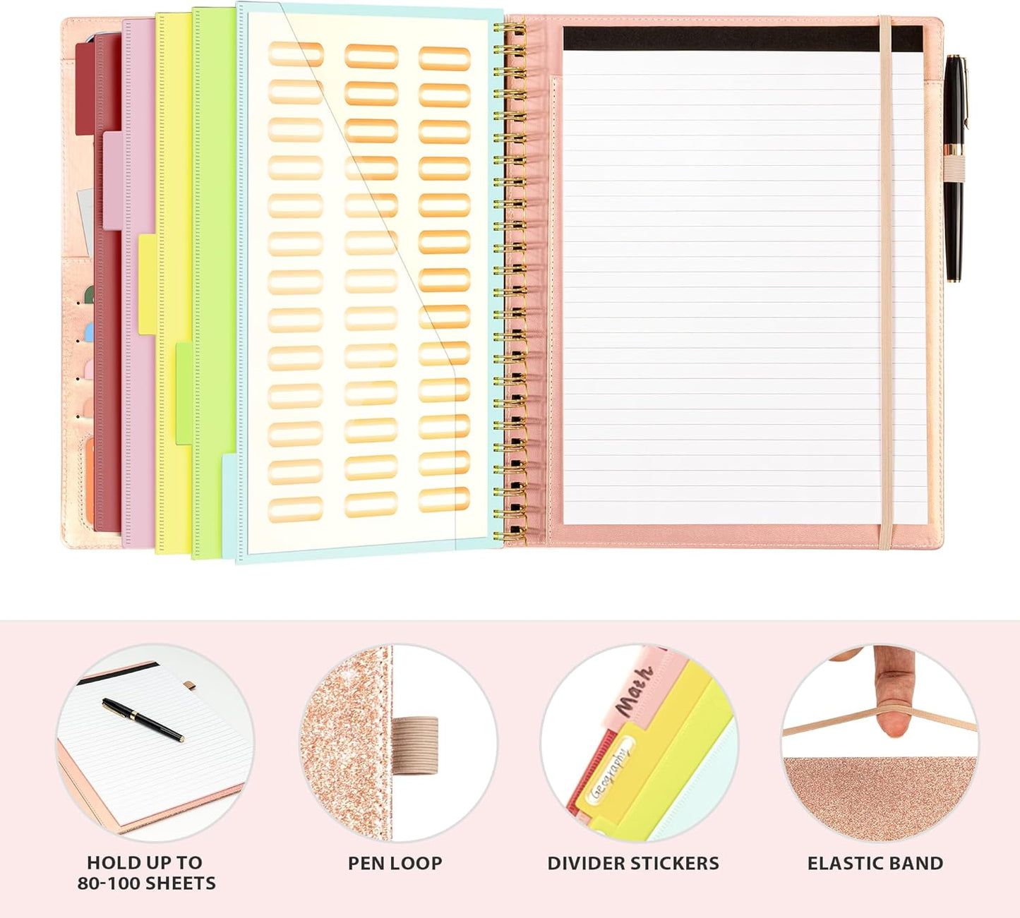 Clipboard with Storage for Men Women, Leather Padfolio Portfolio Organizer 5 Folders with 10 Pockets, Spiral Clipboard Folio with Notepad for Letter Size, Elastic Closure and Pen Loop Rose Gold