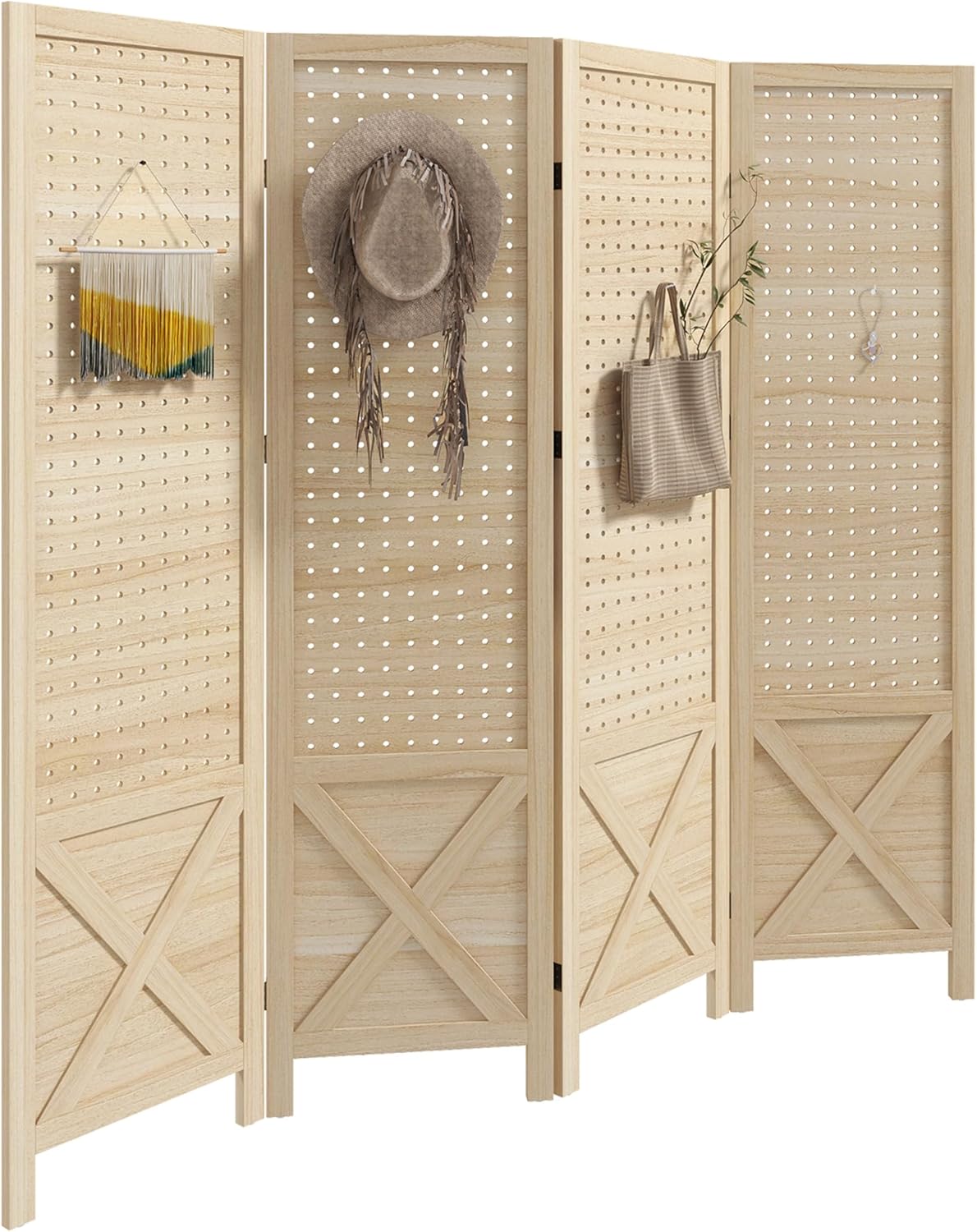 NicBex Room Divider 4 Panel Room Dividers with Pegboard Design Partition Room Dividers and Folding Privacy Screens 4.7 FT Wall Divider for Home, Office, Room Separation,59.75"W x 0.75"D x 57"H,Natural